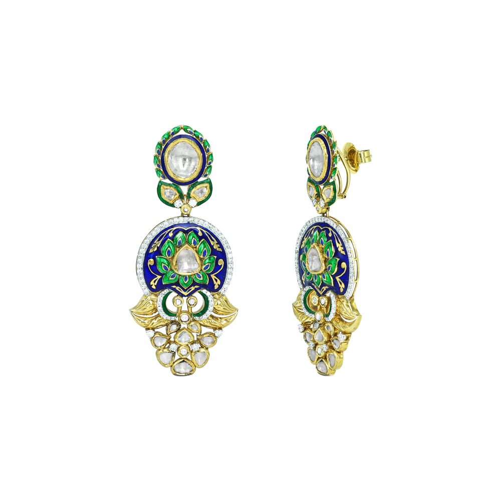 Polki Earrings with Blue-Green Enamel and Gold Accents